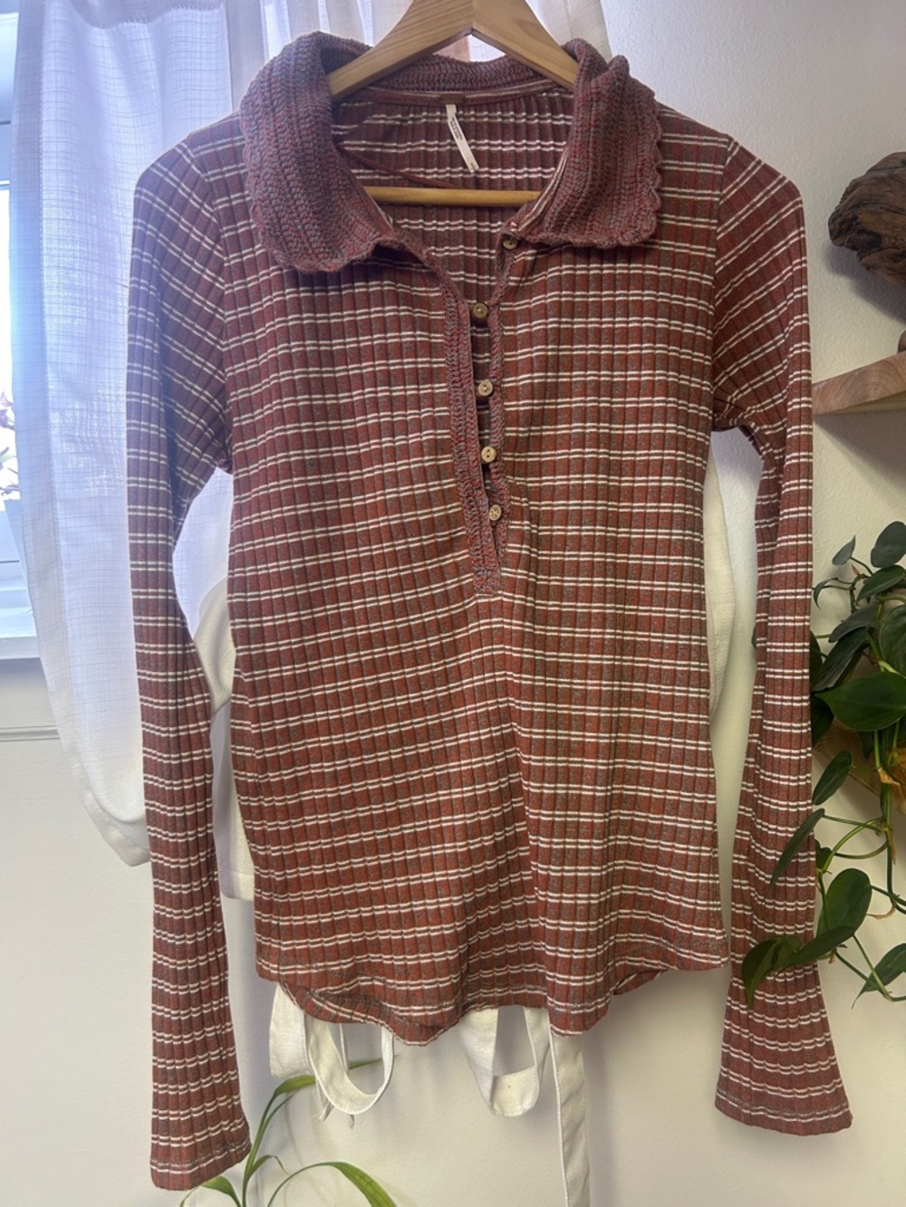 Free People Rust Plaid Long Sleeve Henley Top